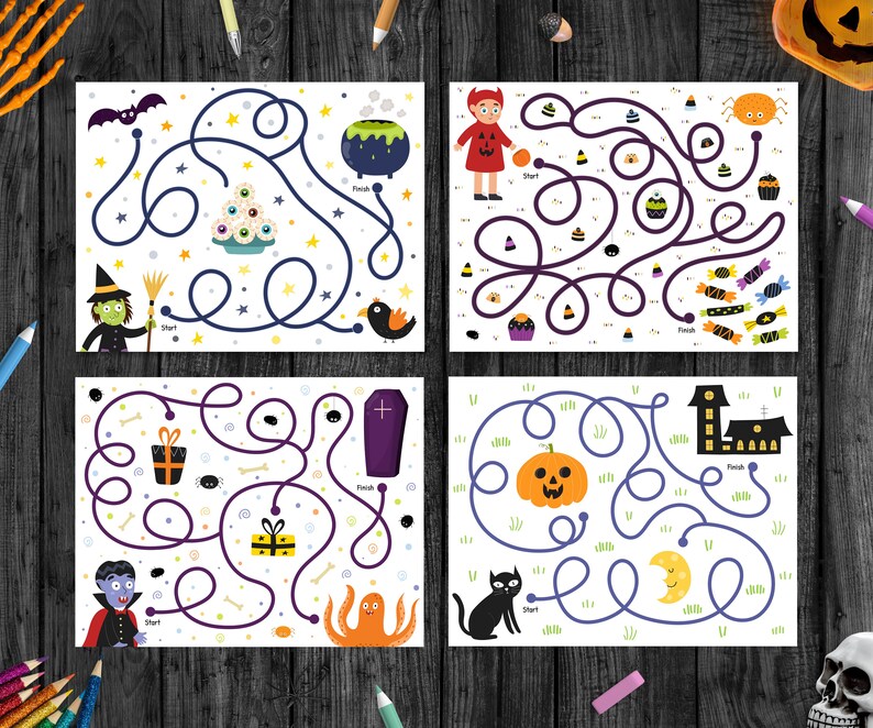 May include: Four Halloween-themed mazes with different starting and ending points. The mazes feature a witch, a vampire, a devil, and a black cat. The mazes are printed on white paper with black lines.