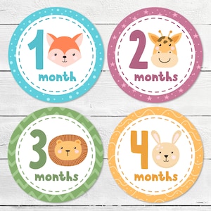 Stickers mensuels pour bébé SVG, Png, Eps avec des animaux mignons, autocollants jalons, autocollants imprimables de mois en mois, téléchargement immédiat