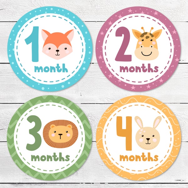 Monthly Baby Stickers SVG, Png, Eps with cute animals, Milestone Stickers, Month to Month Printable Stickers, Instant Download