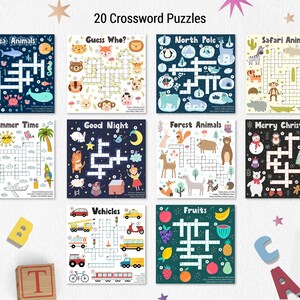 May include: A set of 20 printable crossword puzzles for kids featuring various themes, including sea animals, guess who, north pole, safari animals, summer time, good night, forest animals, merry christmas, vehicles, and fruits. Each puzzle has a colorful illustration and a grid with numbered squares.
