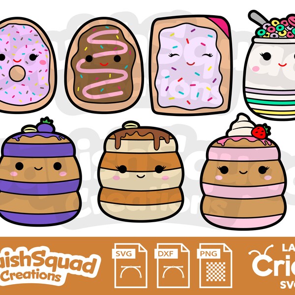 Squishmallow Breakfast Squad Bundle collection. Layered SVG files, DXF, PNG digital download. Files for Cricut machines, tshirts, stickers.