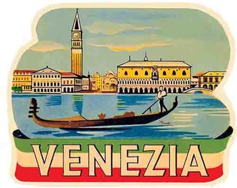 Vintage  1950's style   Venezia  Italy    Venice goldola retro  travel decal  sticker