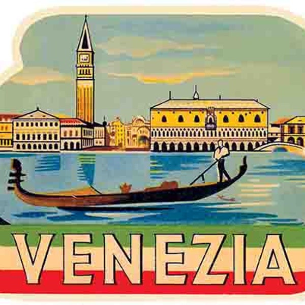 Vintage  1950's style   Venezia  Italy    Venice goldola retro  travel decal  sticker