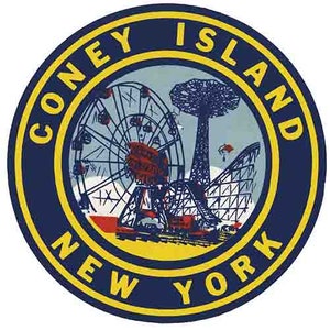 Vintage  1950&#39;s style  Coney Island  NY  New York Steeplechase Amusement Park  blue          retro  travel decal  sticker state map