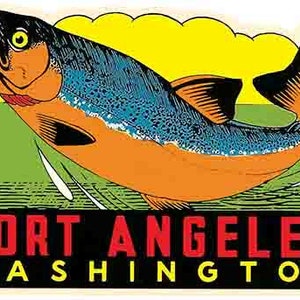 Vintage 1950er Jahre Stil Port Angeles Washington State WA Angeln Lachs Retro Reise Aufkleber Aufkleber Zustandskarte