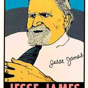 Peut inclure: Une illustration de style vintage de Jesse James, un hors-la-loi célèbre, avec une barbe et une moustache blanches. L'illustration est dans un schéma de couleurs jaune, bleu et rose. Le texte "Jesse James Museum Stanton, MO." est sous l'illustration.
