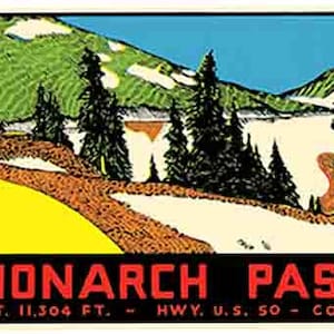 Estilo vintage 1950's Colorado CO Monarch Pass retro travel sticker mapa del estado