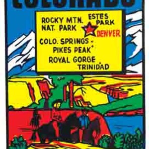 Vintage estilo de 1950 Colorado CO Snow Skiing State Map Switzerland of America retro viaje calcomanía pegatina mapa estatal