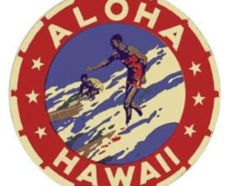 May include: A vintage-style round metal sign with a red border and white stars. The center features a blue and white illustration of two surfers riding waves with the text "ALOHA HAWAII" in red letters.