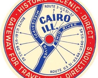 Vintage  1950's style  Cairo IL  Illinois   retro  travel decal  sticker state map