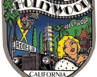 Vintage 1950er Jahre Stil Hollywood CA California Rodeo Drive Retro Reise Aufkleber Aufkleber Zustand Karte