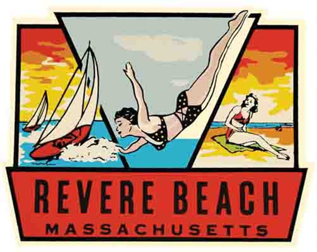 Vintage 1950's Style Revere Beach Massachusetts MA Sticker Travel Label ...