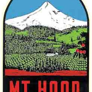 Pode incluir: Adesivo de viagem vintage com uma vista panorâmica do Monte Hood, Oregon. O adesivo tem um céu azul, uma montanha coberta de neve, árvores verdes e uma borda vermelha e preta com o texto "MT. HOOD OREGON".