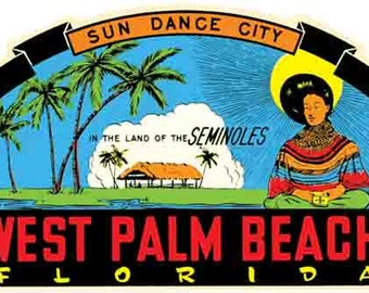 Vintage  1950's style  West Palm Beach FL  Florida native  retro  travel decal  sticker state map