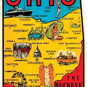 May include: A vintage postcard depicting a map of Ohio with major cities and landmarks labeled. The state is outlined in red and the text "The Buckeye State" is displayed in a red banner at the bottom.