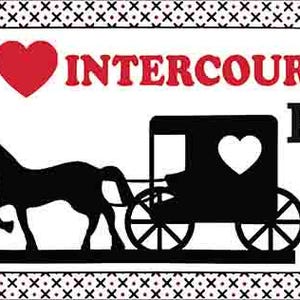 Könnte beinhalten: Weißes rechteckiges Schild mit schwarz-weißem Rand. Das Schild zeigt den Text "I ❤️ INTERCOURSE PA" in Schwarz und Rot. Eine schwarze Silhouette einer Pferdekutsche ist ebenfalls vorhanden.