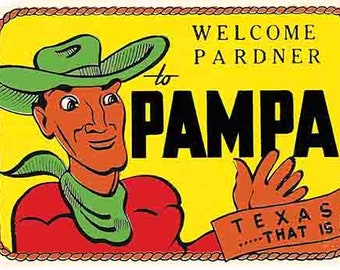 Vintage  1950's style  Pampa TX    Texas      retro  travel decal  sticker state map