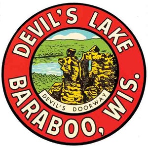 Vintage 1950 Stil Devils Devil es Lake Baraboo WI Wisconsin retro Reise Aufkleber Aufkleber Zustand Karte