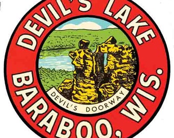 Vintage  1950's style  Devils  Devil's Lake  Baraboo WI  Wisconsin   retro  travel decal  sticker state map