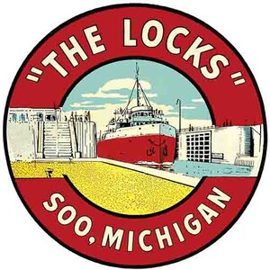May include: A red and white circular vintage travel sticker with the text "The Locks" and "Soo, Michigan". The sticker features a red and white ship passing through a lock system.