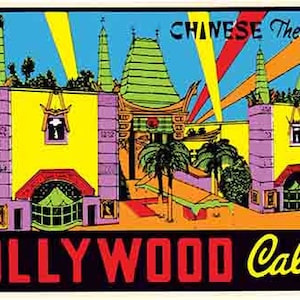 Vintage estilo años 50 Hollywood California Chinese Theatre CA retro viaje calcomanía pegatina mapa estatal