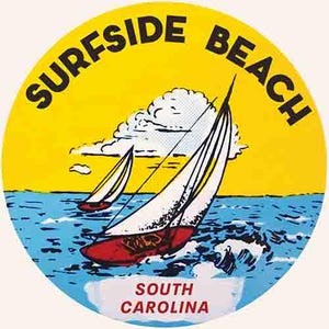 May include: A circular sticker with a yellow background featuring the words "SURFSIDE BEACH" in black. Two sailboats with red hulls and white sails are on blue water. The text "SOUTH CAROLINA" is at the bottom.