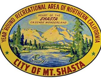 Vintage 50er Jahre Stil Mt. Mount Shasta National Park CA California Retro Reise Aufkleber Aufkleber Zustand Karte