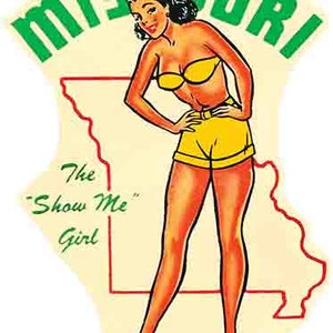 Vintage  1950&#39;s style   St. Louis MO  Missouri   pin-up girl   show me state   retro  travel decal  sticker