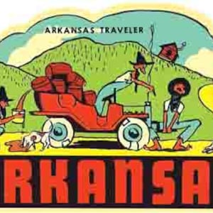 Vintage 1950 's stijl AR Arkansas Traveler Ozarks cartoon retro reizen sticker sticker staat kaart