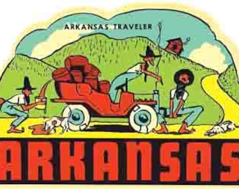 Vintage  1950's style  AR Arkansas Traveler  Ozarks cartoon   retro  travel decal  sticker state map