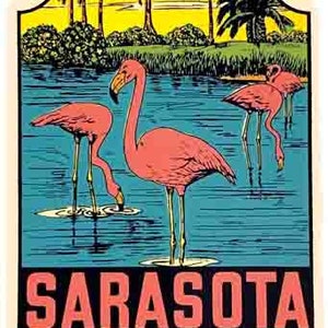 Vintage  1960's style    Sarasota Florida FL  flamingo  retro  travel decal  sticker state map