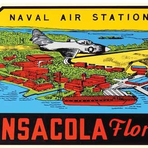 Vintage 1960 stile Pensacola FL Florida Naval Air Station Navy retro viaggio decalcomania adesivo mappa di stato