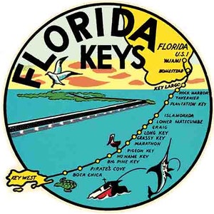 Vintage jaren 1950 stijl Florida Keys Key West Largo Marathon Islamorada brug retro reis sticker sticker staat kaart