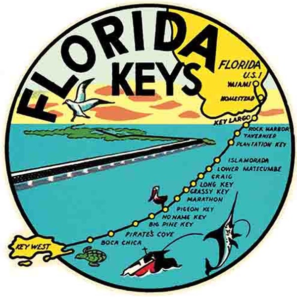 vintage style des années 1950 Floride Keys Key West Largo Marathon Islamorada pont rétro voyage autocollant autocollant carte de l’État