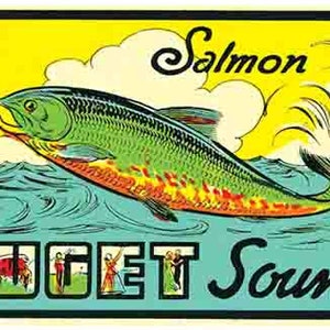 Stile vintage anni '50 Puget Sound WA Pesca salmone Washington Seattle retro viaggio decalcomania adesivo stato mappa