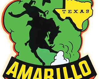 Vintage  1950's style Amarillo Texas green TX cowboy retro  travel decal  sticker state map