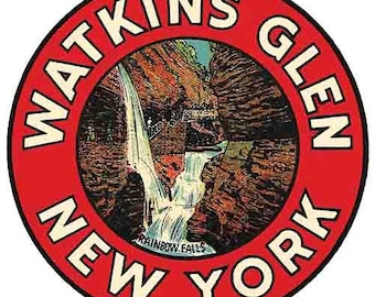 Vintage  1950's style  Watkins Glen NY New York   retro  travel decal  sticker state map