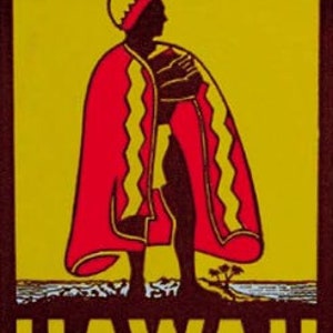 May include: A vintage travel poster featuring a silhouette of a person wearing a red and yellow patterned cloak, standing on a beach with a palm tree in the background. The text "HAWAII" is printed in large, yellow letters at the bottom of the poster.