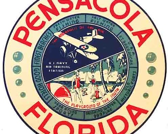 Vintage 1960er Jahre Stil Pensacola FL Florida runde Retro Reise Aufkleber Aufkleber Zustand Karte