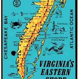 Carte de l'État de Virginie, style vintage des années 1950, carte de l'État, autocollant de voyage rétro Eastern Shore