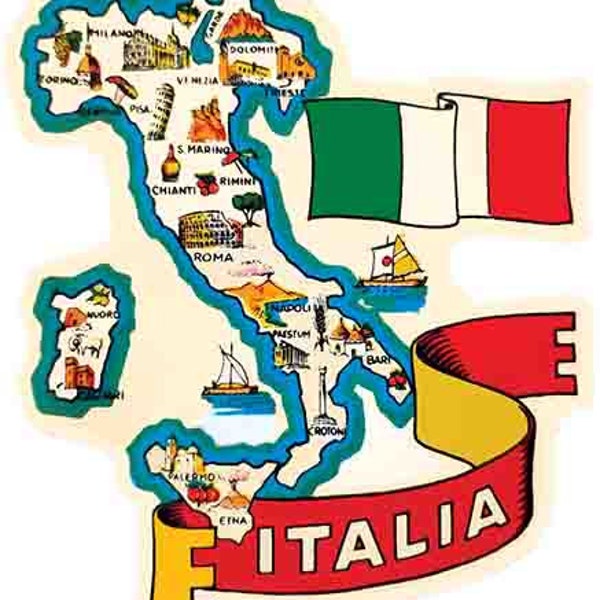 Vintage  1950's style  Italy  Venice   Italia  Roma  Rome map  retro  travel decal  sticker state map
