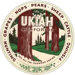 May include: A vintage circular sticker with a white background and a brown border. The sticker features a stylized image of three redwood trees with a dirt path leading between them. The text "Ukiah, California" is printed in white letters on a brown banner. The border of the sticker features the text "Hunting, Grapes, Hops, Pears, Sheep, Cattle, Fishing" in a circular pattern.