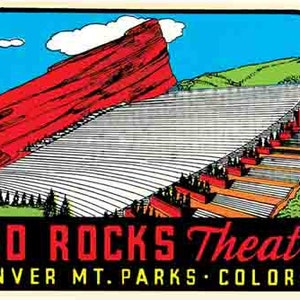 Calcomanía de viaje retro estilo años 50 del Teatro Red Rocks de Colorado, Denver, mapa del estado.