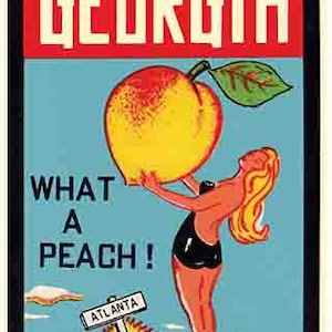 Vintage 1950 der Stil Georgia Peach Zustand Atlanta Augusta Macon Savannah GA Retro Reise Aufkleber Aufkleber Zustand Karte