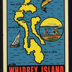 Adesivo de viagem retrô estilo vintage dos anos 1950 Whidbey Island Washington WA Seattle mapa do estado