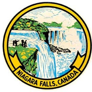 May include: A vintage travel sticker featuring a colourful illustration of Niagara Falls, Canada. The sticker is yellow with a circular design and the text "NIAGARA FALLS, CANADA" in a yellow banner.