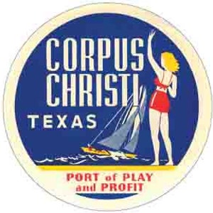 May include: Vintage travel sticker featuring a blue circle with the text "Corpus Christi Texas Port of Play and Profit" in white. A woman in a red swimsuit and a sailboat are depicted on the sticker.