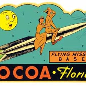 Vintage jaren 1950 stijl Cocoa Beach FL Florida Space Coast Cape Canaveral retro reissticker sticker staat kaart