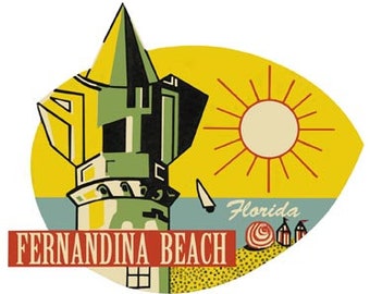 Vintage estilo de 1950 Fernandina Beach Florida Amelia Island FL calcomanía de viaje retro pegatina mapa estatal