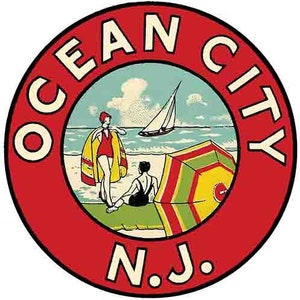 Vintage  1950&#39;s style   Ocean City NJ New Jersey beach scene  retro  travel decal  sticker state map